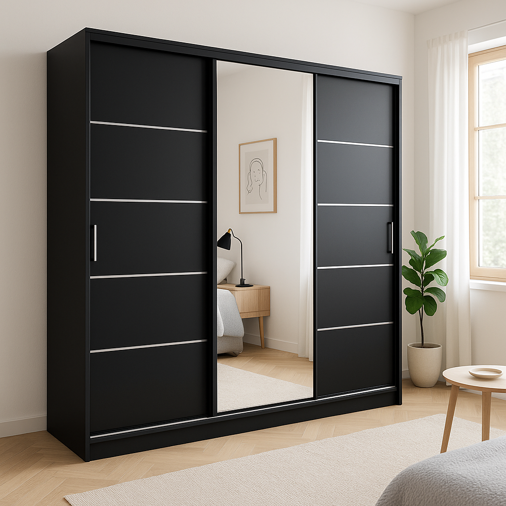 Luxury Black Wardrobe with Mirror and Sliding Doors