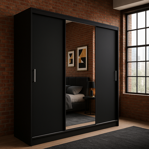 Luxury Black Wardrobe with Mirror and Sliding Doors